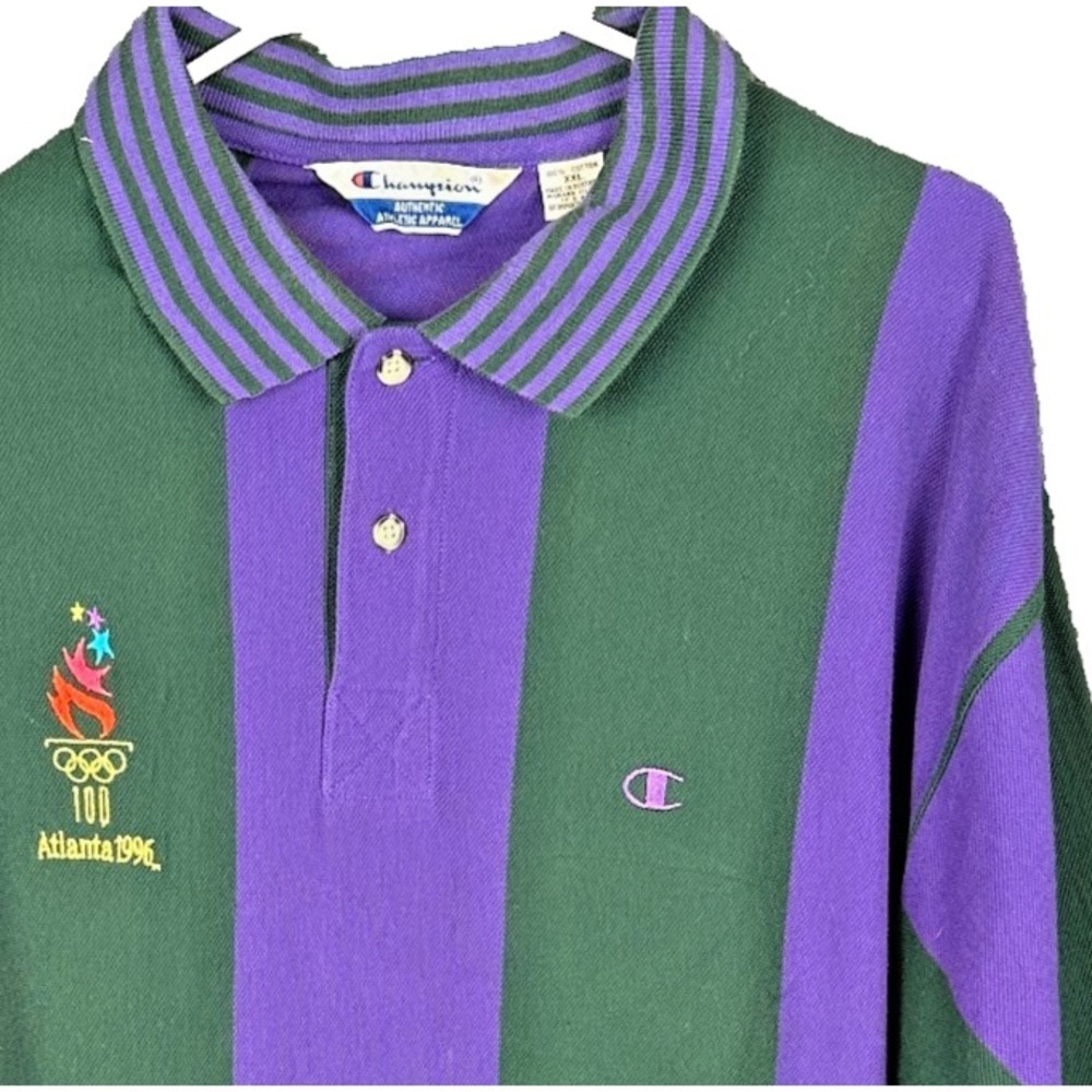 Vintage 90s Champion Atlanta 1996 Olympics Polo Shirt XXL Green Purple Striped